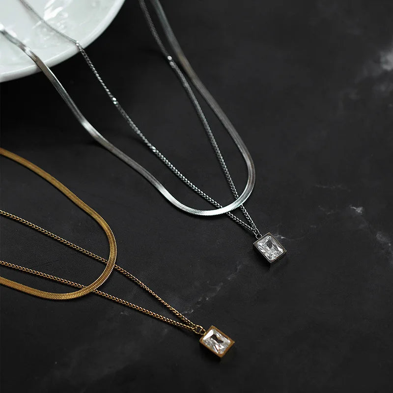 Minimalist Advanced 18K Gold Plated Geometric Square Zircon Double Layer Chain Stainless Steel Necklace