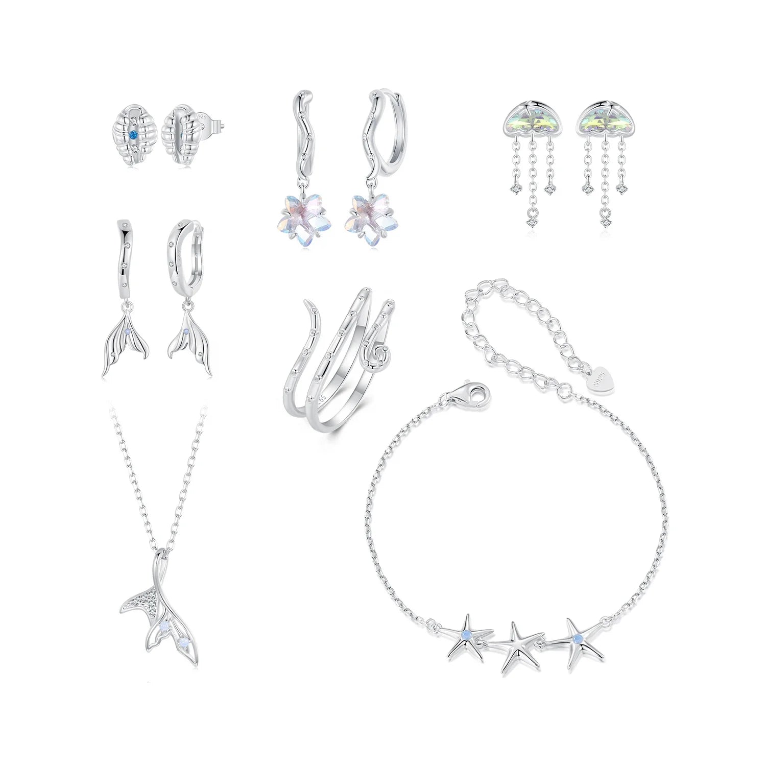 Fashion Sterling Silver Jewelry Sets Fine Jewelry Marine Series Fishtail Octopus Starfish Bracelet Necklace Ring Earrings Set