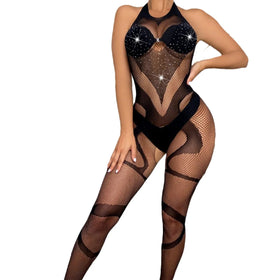 Exotic Transparent Fishnet Mesh Corset with Hanging Diamond Neck Detail One Piece Sheer Lingerie for Women Rhinestone Decoration