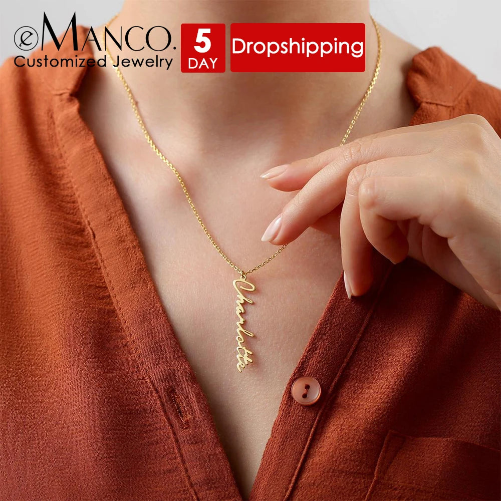 Dropshipping Personalized Custom PVD Gold Jewelry Plated Stainless Steel Vertical Signature Letter Name Necklace Birthday Gift
