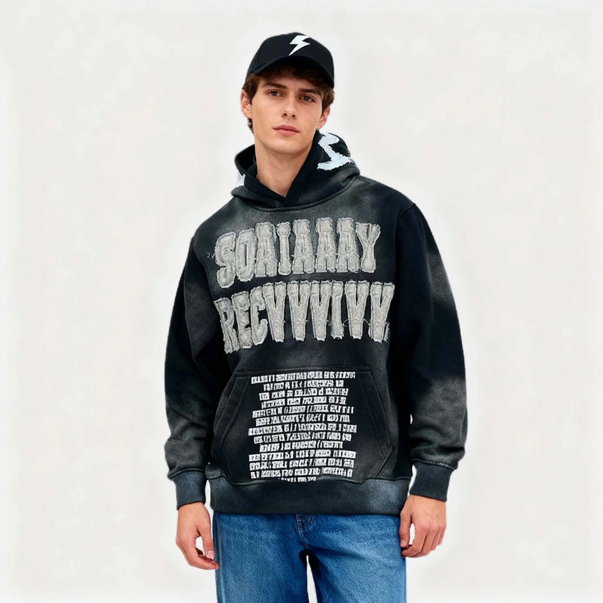 Custom Patch Embroidery Men'S Hoodies Heavyweght Acid Wash Vintage Oversized Distressed Y2k Applique Manufacturer Hoodie for Men