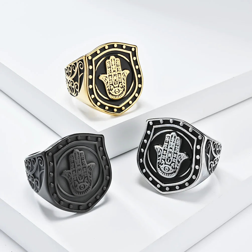 Gold Plated Signet Ring Stainless Steel the Hand of Fatima Large Size 26MM Ring Men's Jewelry Wholesale