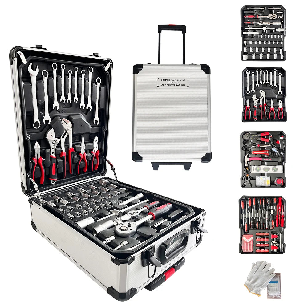 Aluminum Case 399pcs Auto Repair Tool Set Socket Spanner Set Wheel Repair for Car and Bicycles Tool Set