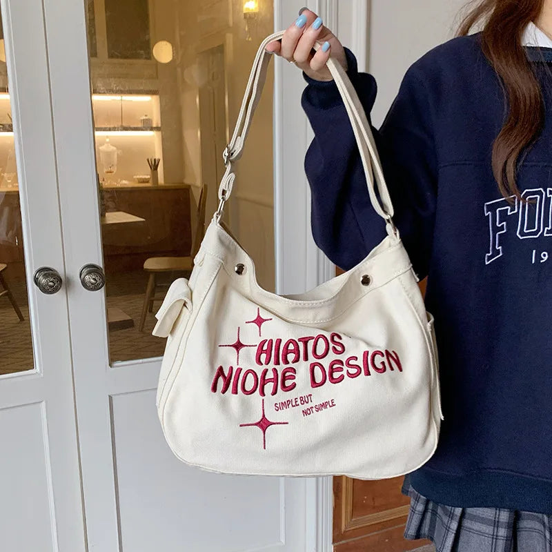 Reusable Fabric Canvas Alphabet Embroidery Cotton Shopping Tote Bags With Custom Printed Logo