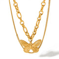 Retro Style Butterfly Pendant Gold Plated Stainless Steel Double Layer Clavicle Necklace for Women