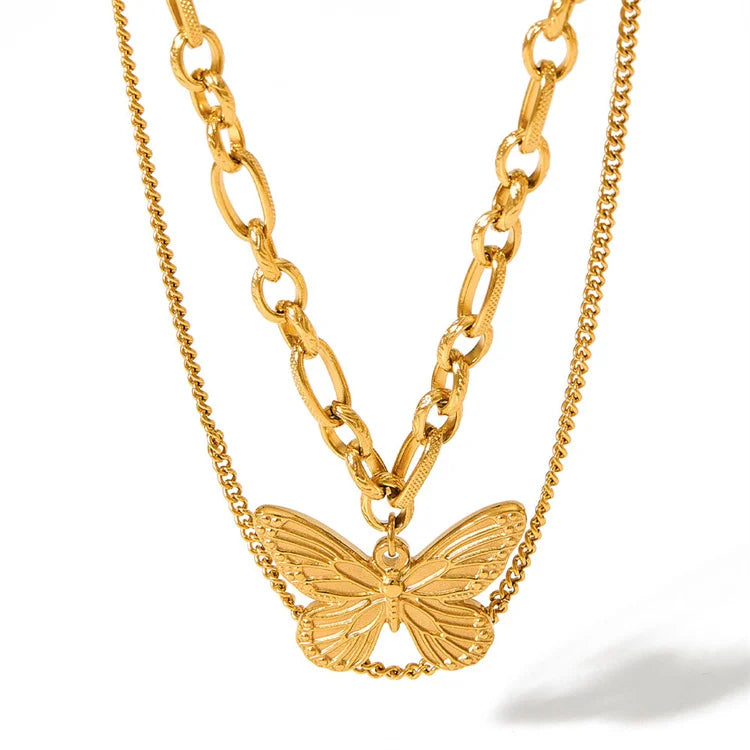 Retro Style Butterfly Pendant Gold Plated Stainless Steel Double Layer Clavicle Necklace for Women