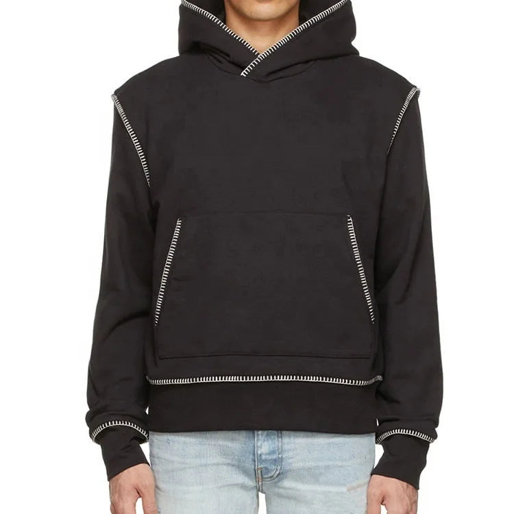 Pure Cotton Men Hoodies Pullover French Terry Contrast Stitching in White Rib Cuffs Hem Custom Mens Black Hoodies