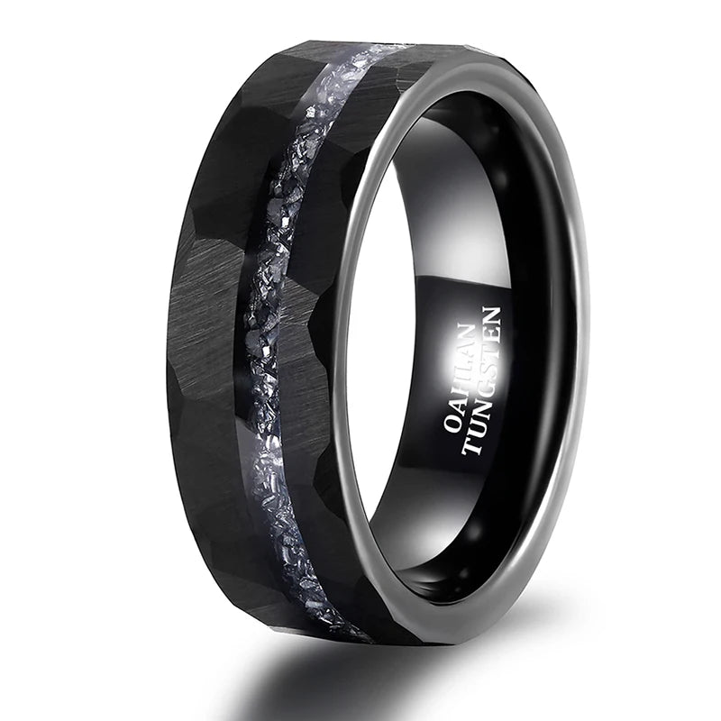 OAHLAN Fashion Male Jewelry 8mm Hammered Aluminum Slag Inlay Black Tungsten Carbide Rings for Men Wedding Engagement Gift