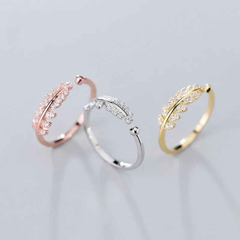 Classic Cute Design S925 Sterling SilverCZ Pave Leaf Finger Ring Women J0441