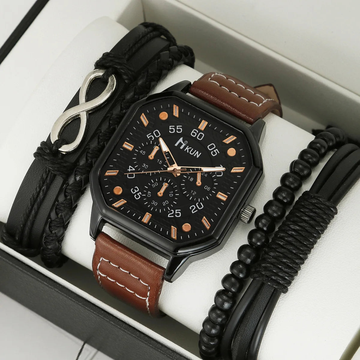 5 Pcs/Set Brand Watch for Men Jewelry Matte Black Men's Wrist Watches Quartz Japan Movement Bracelet Set