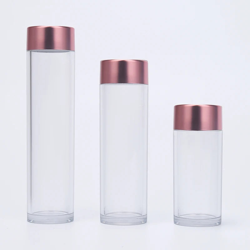 Skin Care Container 50ml 80ml 100ml Lotion Toner Essence clear PET Plastic Capsule Pill Bottle with Rose Gold Screw Cap