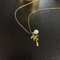 New Model Summer Coconut Palm Pearl Tree Stainless Steel 18K Gold Plated Women's Necklaces Trendy 18K Gold Plated Zircon Jewelry