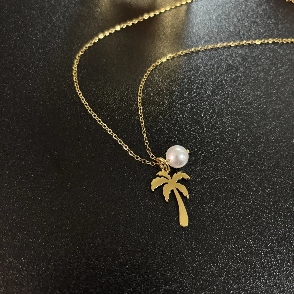 New Model Summer Coconut Palm Pearl Tree Stainless Steel 18K Gold Plated Women's Necklaces Trendy 18K Gold Plated Zircon Jewelry
