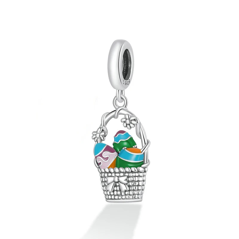 925 Sterling Silver Easter Egg Basket Flowers Charm Bead Pendant for Women Cute Fit for Original Bracelet Necklace-SCC2118