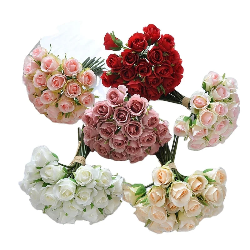 Wholesale 22 Heads Silk Roses Bundle Artificial Flowers Rose Bushes for Wedding Bridal Bouquet