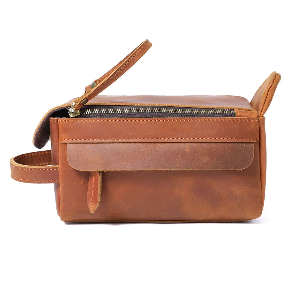 Men's Retro Crazy Horse Handbag Genuine Leather Wash Women's Cosmetic Storage Bag