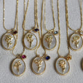 Gift for Her Mother of Pearl Oval Shape Birthstone Relief Birth Flower Pendant Necklace
