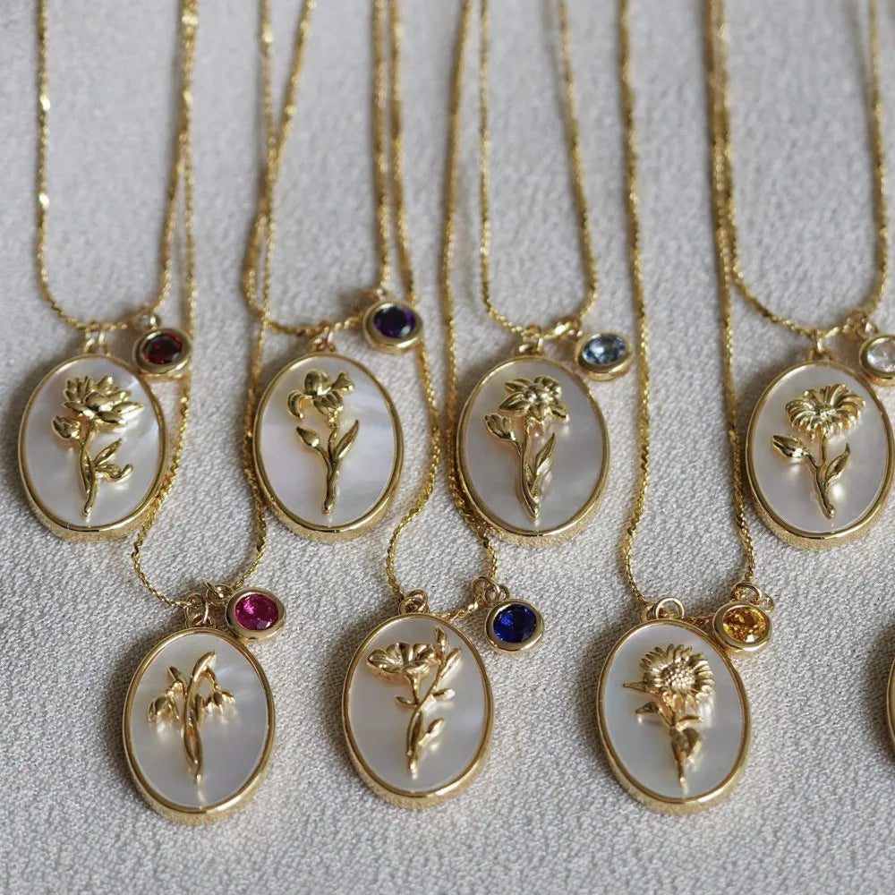 Gift for Her Mother of Pearl Oval Shape Birthstone Relief Birth Flower Pendant Necklace