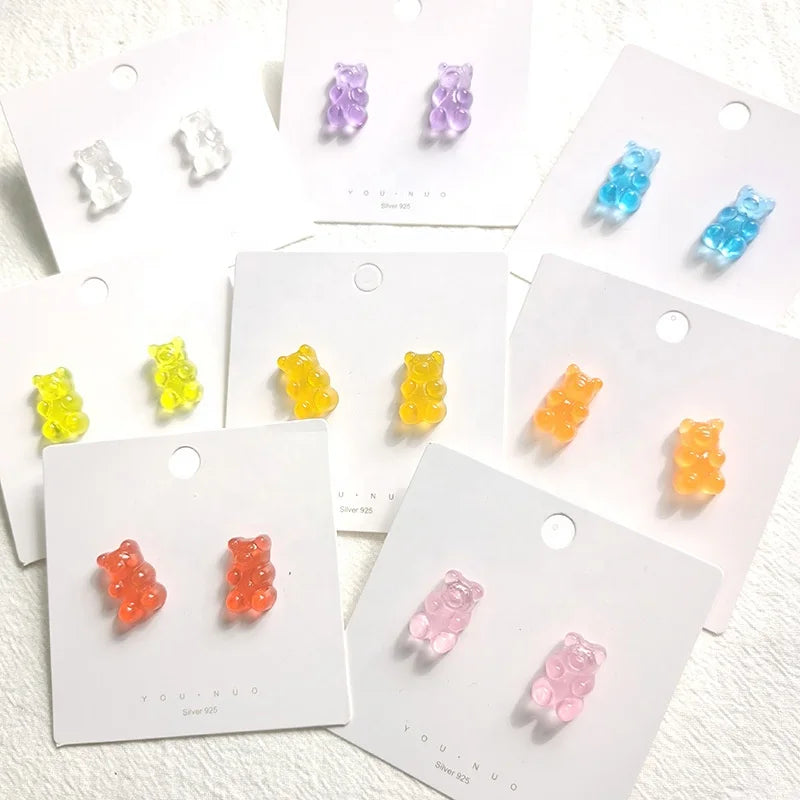 Women Girls Cute clear Sequin Candy Charm S925 Silver Jewelry Baby Teddy Gummy Bear Stud Earings Bear Earrings