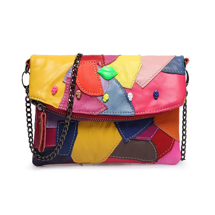 Newest Fashion Skull Messenger Bags Patchwork Genuine Leather Retro Chain Luxury Shoulder Bags Womens Crossbody Bag