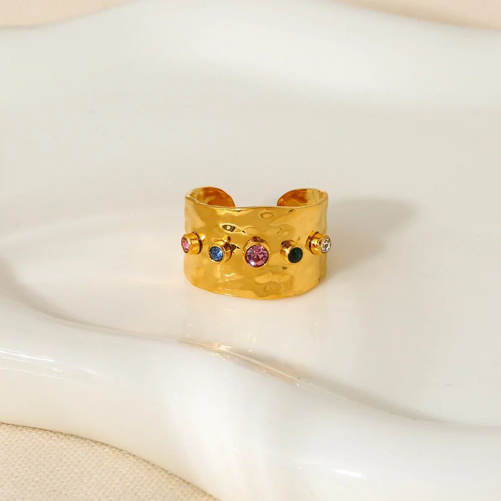 INS Style Design Colorful Zirconia Wide Open Personality 18K Gold Plated Stainless Steel Ring for Women