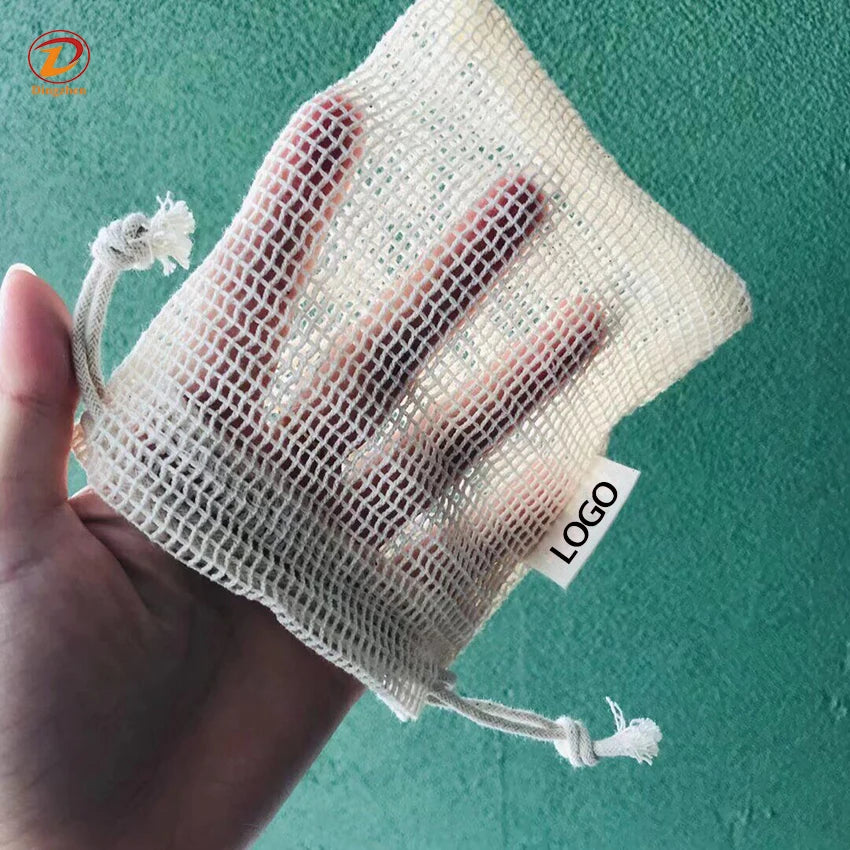 Custom Label Logo High Quality 100% Cotton Mesh Net Soap Saver Bag Gift Shower Pouch Organic Fine Cotton Mesh bag