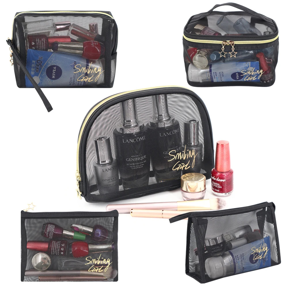 Wholesale Black Nylon Net Mesh Makeup Toiletry Zipper Bag Sets Logo Customization Mesh Cosmetic Promotional Gift Bags
