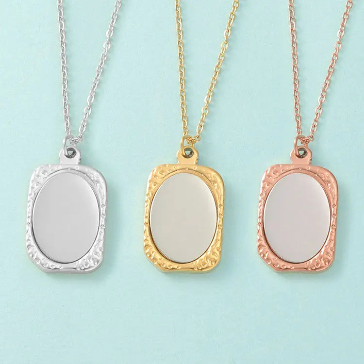 Blank Engravable Custom Logo Necklace Personalized Irregular Hammered Square Stainless Steel Magic Mirror Necklace for Women Men
