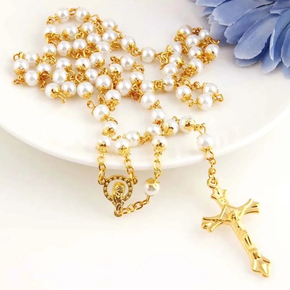 Hot Selling White and Black Glass Pearl Beads Christian Rosary Stainless Steel Rosary Cross Pendant Rosary Beads Necklace