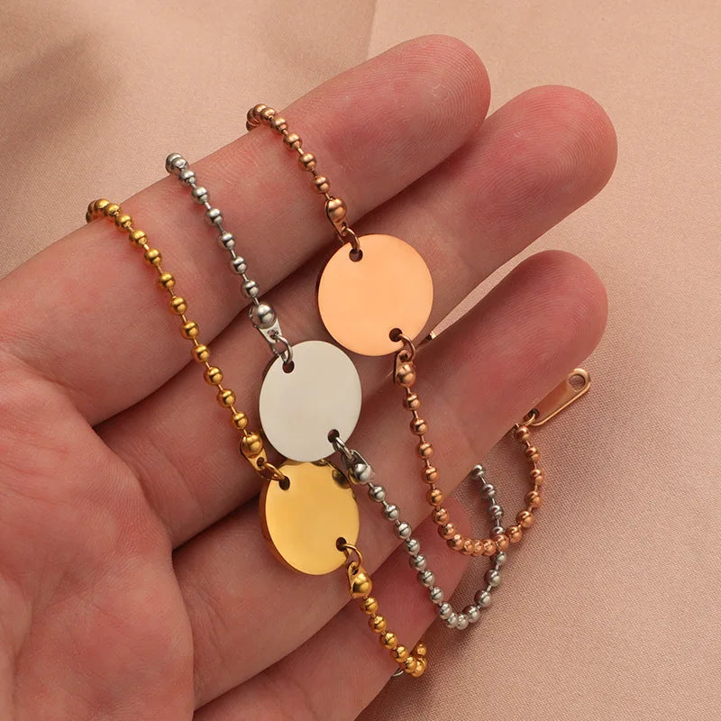 Gold Plated Stainless Steel Bead Chain Bracelet Round Pendant Charm 2 Hole Jewelry Round Bead Chain Engraving Bracelet