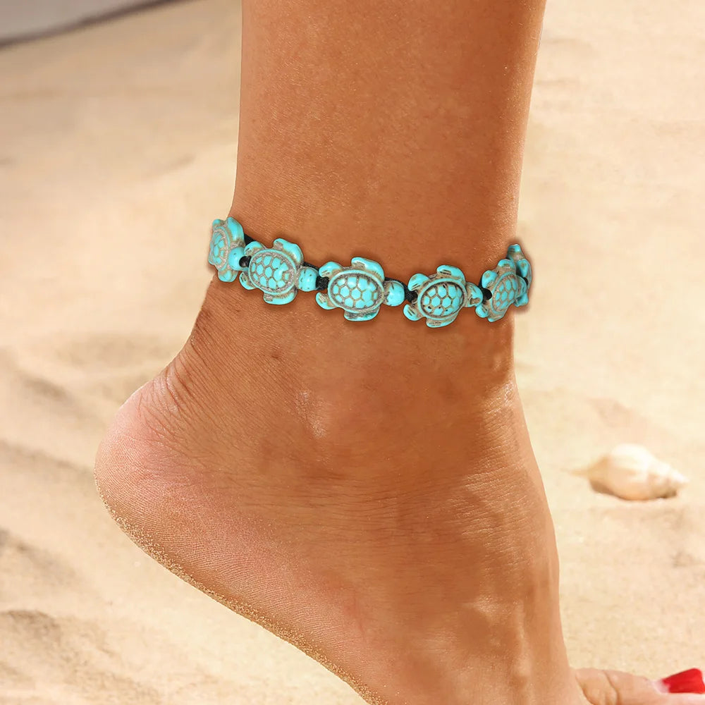 Boho Summer Beach Turquoise Sea Turtle Starfish Beaded Bracelet Jewelry Anklet Foot Chain Jewelry Anklet Bracelets