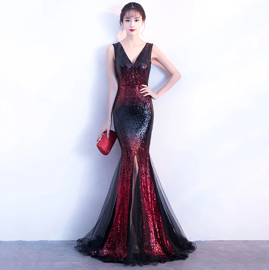 1378# New Long Deep V Sequin Fishtail Hosting Performance Nightclub Evening Party Dress Annual Banquet Car Model Wear