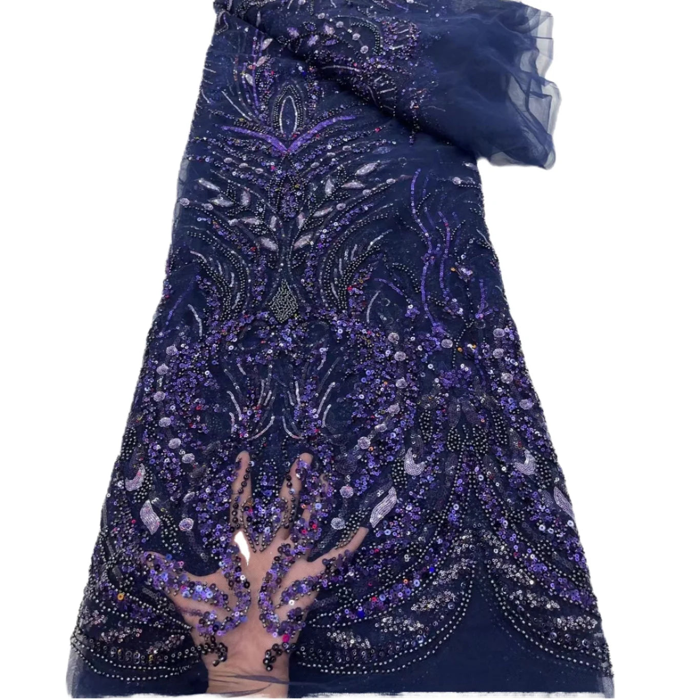 High-End Eco-Friendly 100% Polyester Embroidery Luxury Tulle Wedding Dress Fabric Handmade French Lace Beads Nigerian Sequins