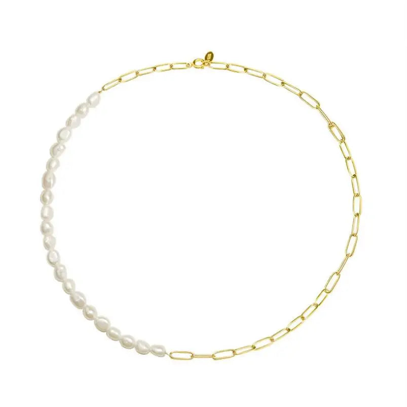 Stainless Steel Dainty Pearl Choker Chain Necklace Gold Plated Women Half Pearl Half Chain Necklace