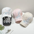 Women's Trendy Striped Checked Baseball Cap Handmade 3D Flower Sun Hat With Crystal Pearls Adjustable Trucker Hat Breathable