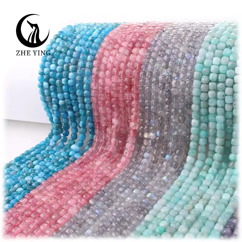 Zhe Ying 4*4mm Faceted Cube Stone Beads Natural Stone square Bead Gemstone Loose Faceted square Stone Beads for Jewelry Making