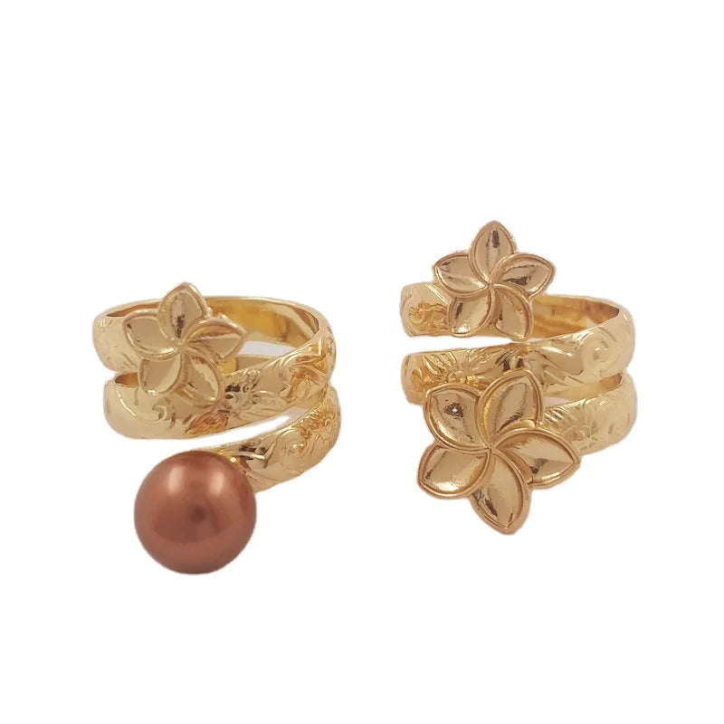 Hawaiian Plumeria Flower Ring rainbow Brown Black White Peacock Green Brown Colorful Black Gold Purple Coffee Shell Pearl Ring