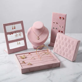 Aesthetic Coquette Pink Velvet Jewelry Display Stand Collection Necklace Bust Holder Suede Earring Organizer Girl's Room Decor