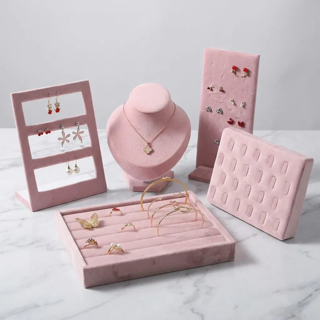 Aesthetic Coquette Pink Velvet Jewelry Display Stand Collection Necklace Bust Holder Suede Earring Organizer Girl's Room Decor