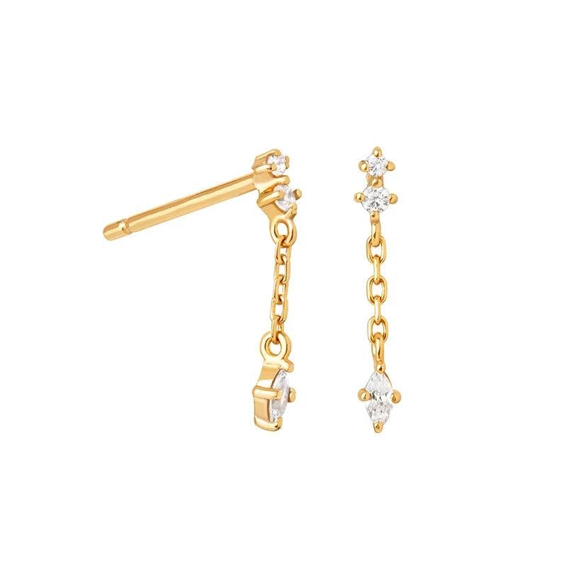 Gemnel Recycled Sterling Silver Gold Plated Chain Zircon Drop Stud Earrings
