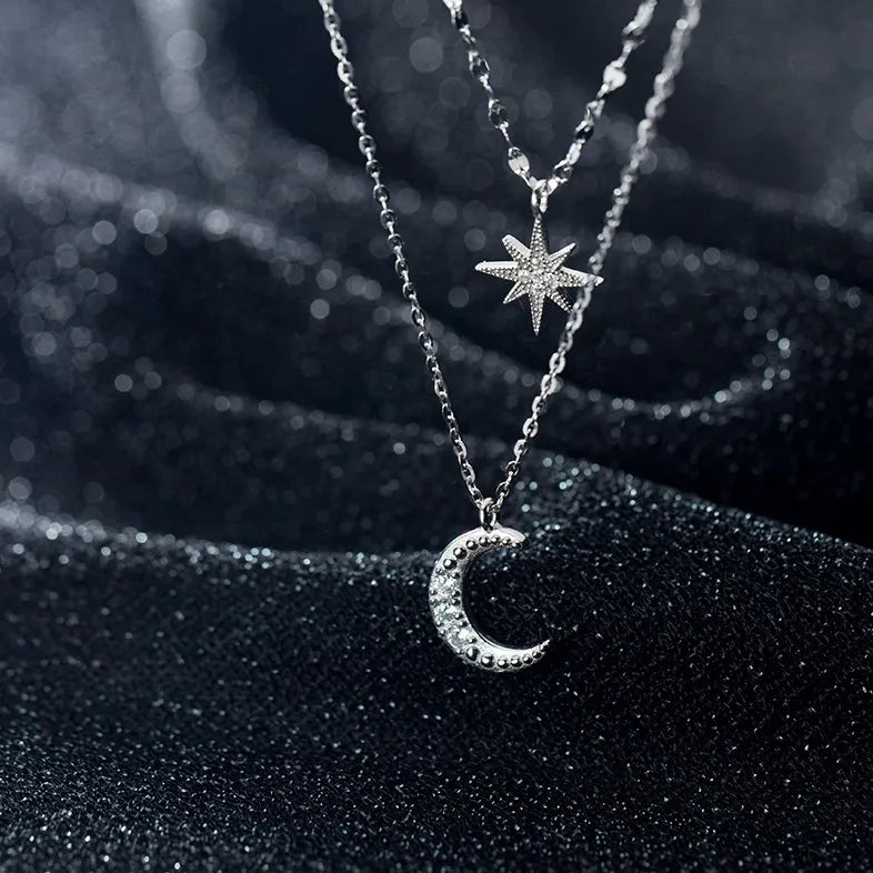Luxury Zircon Star Chokers Necklaces Cubic Zirconia Moon Pendant 925 Sterling Silver Necklace Fine Jewelry for Women