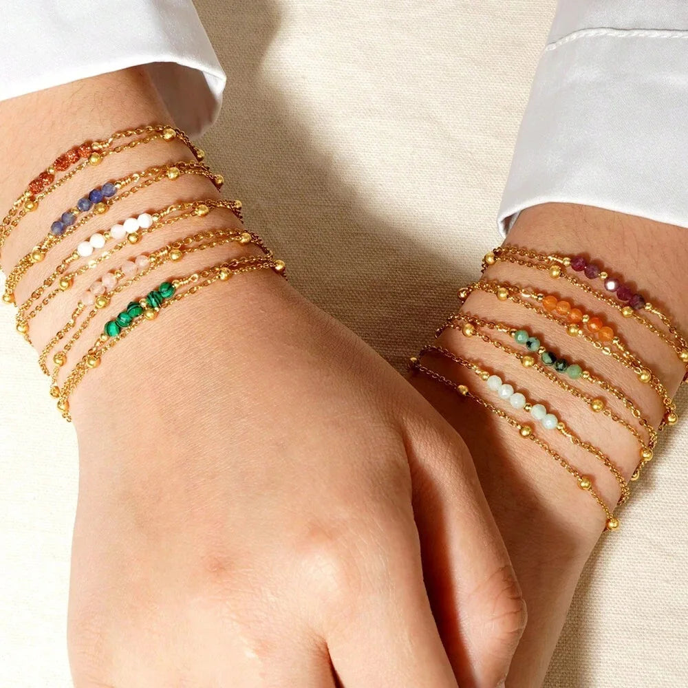 MC206 Wholesale Bohemian Bracelet Stainless Steel 18K Gold Plated Bracelet Color Natural Stone Small Bead Double Chain Bracelet
