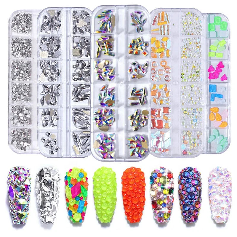 12 Grid 3D Nail Rhinestone Charms Flat Bottom Diamond AB Rhinestones Long Bar Box Set Nails Art Rhinestones