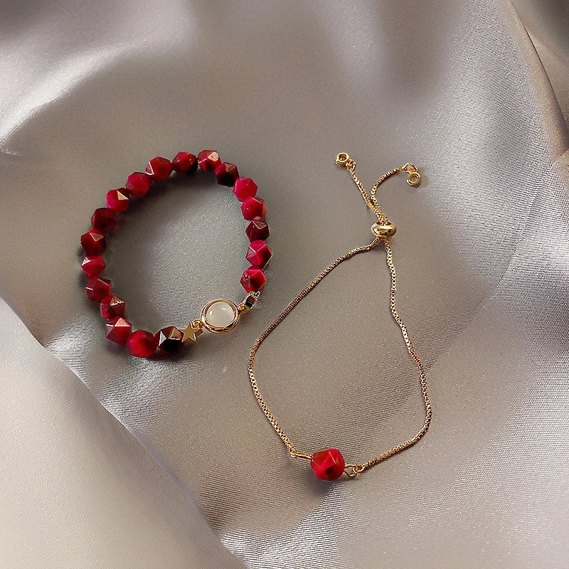 Simple 2 Piece Set Green Red Gemstone Female Korean Tiger Eye Stone Chain Personality Bracelet