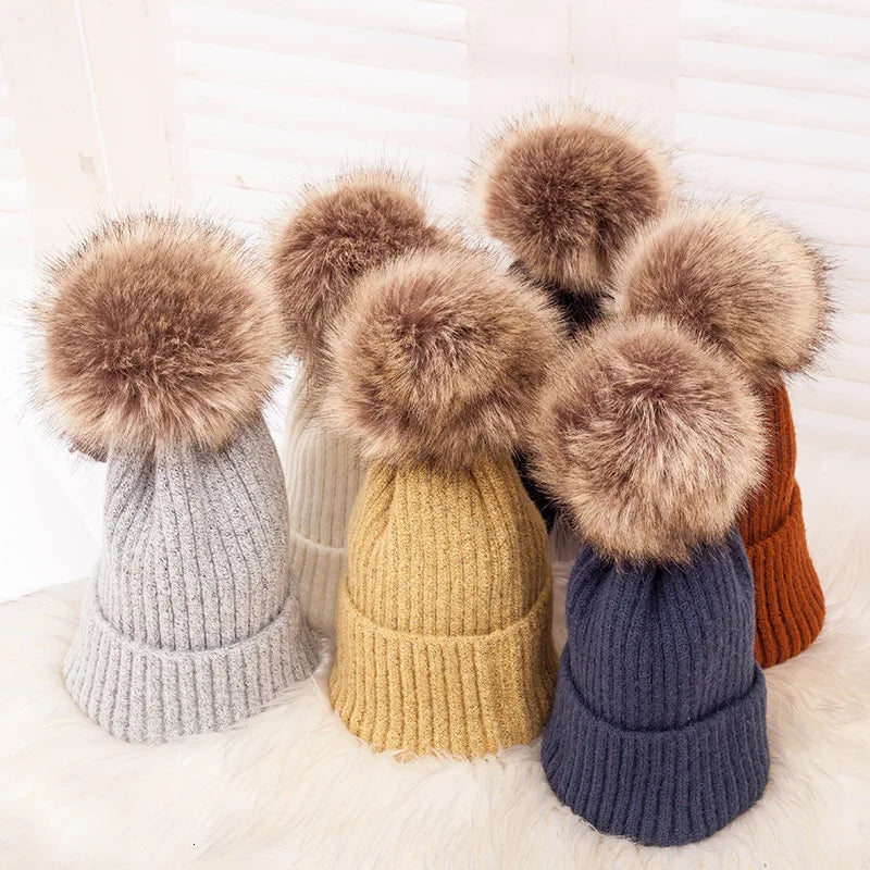 Kids Knitted Hats Warm Plain Women Ladies Winter Faux Fur Ball Pom Pom Beanie Hat
