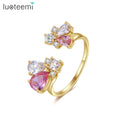 LUOTEEMI Adjustable Jewelry Pink Gold Plated Flower Copper Zircon Luxury New Statement for Woman Cluster Ring