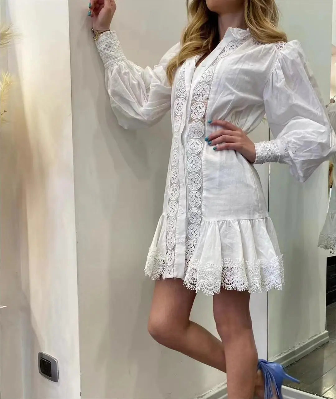 2024 Summer New Stand Collar Single Breasted Lantern Sleeve Waist Ruffled Splicing Long Dress for Women