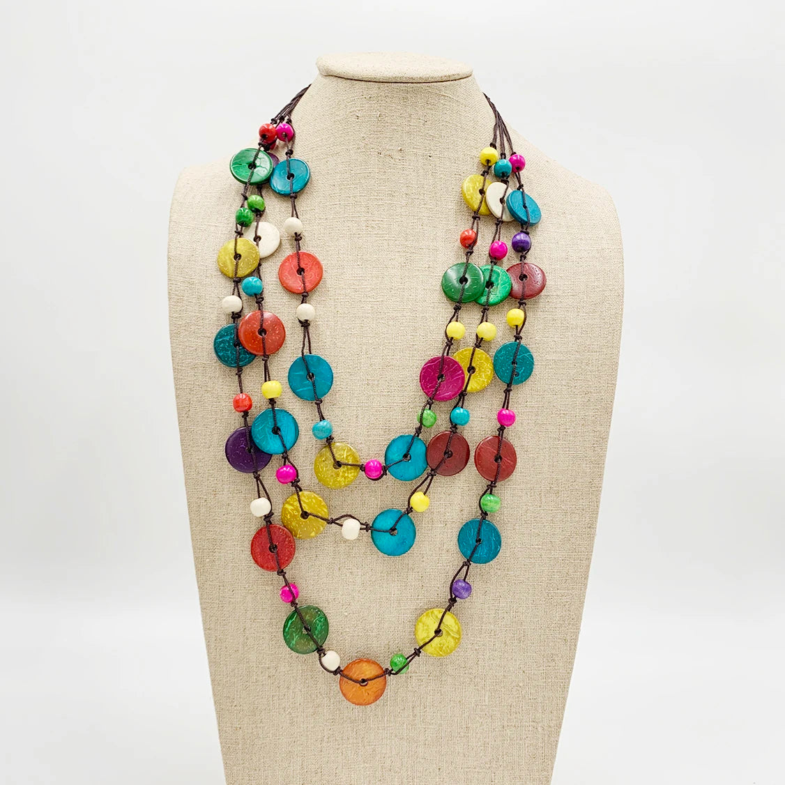 Factory Direct Bohemian Style 3-Row Brightly Colored Wood Bead Necklace Coconut Accessory Party Gift for Women Hot Sale Jewelry