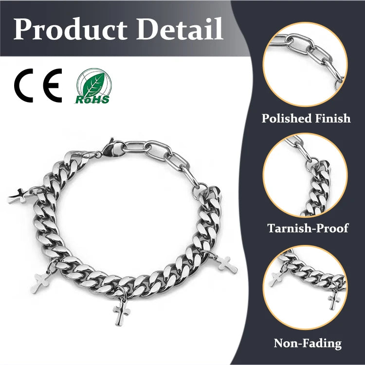 Cross Border Cuban Hip-hop Cool Style Niche Fashion Brand Men's Stainless Steel Silver Hypoallergenic Small Cross Bracelet
