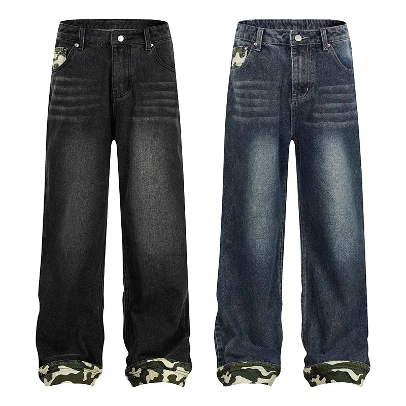 Straight Leg Jeans Jean Skinny Personality Fashion Color Block Washed Splicing Camouflage Men's Stretch Jeans